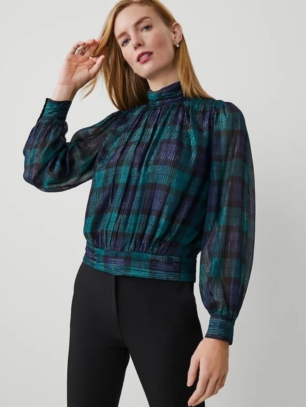 NWT Ann Taylor Tartan Shirred Mock Neck Top Women's Petite Large